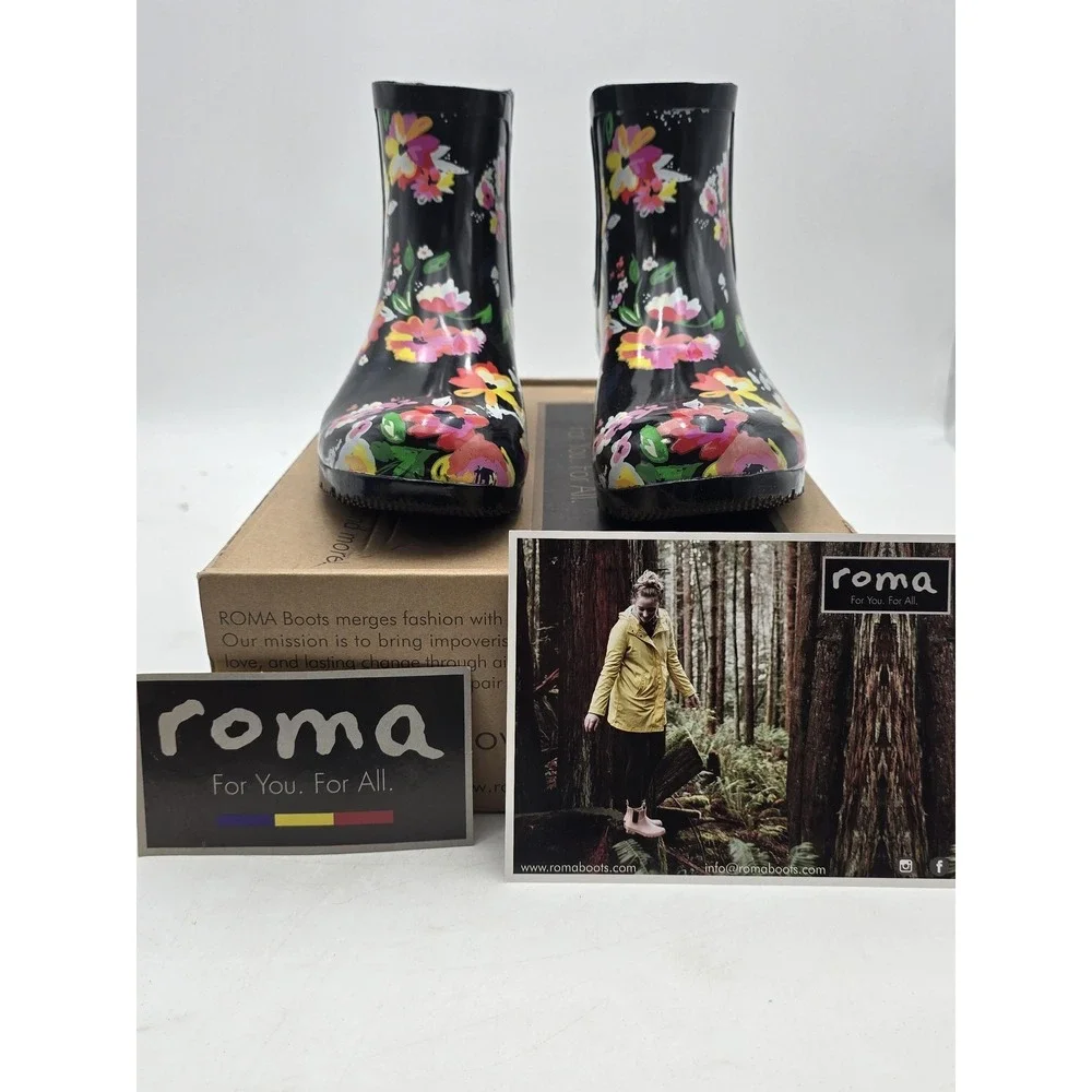 Roma Rain Boots Womens Size‎ 9 Black Floral Chelsea Ankle Rubber Waterproof New